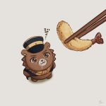  1boy animalization bear chopsticks cub drooling feeding food_focus food_request from_above full_body golden_kamuy hat highres kepi male_focus military_hat mini_person miniboy scar scar_on_face scar_on_mouth scar_on_nose scarf solo_focus sugimoto_saichi tonta_(tonta1231) two-tone_headwear wide-eyed yellow_scarf 