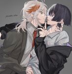  2boys black_hair black_nails ear_piercing earrings genshin_impact grey_background jewelry kaedehara_kazuha male_focus multicolored_hair multiple_boys multiple_earrings piercing purple_eyes red_eyes red_nails ring scaramouche_(genshin_impact) split-color_hair tongue tongue_out twitter_username wabi_0840 white_hair yaoi 