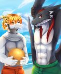  abs anthro blue_eyes blue_sky blush bottomwear closed_smile clothed clothing dragon duo green_bottomwear green_clothing grey_body grey_wings hair heterochromia hi_res horn kuttoyaki looking_at_viewer male membrane_(anatomy) membranous_wings mouth_closed narrowed_eyes orange_bottomwear orange_clothing orange_eyes orange_hair outside red_eyes red_hair sky standing topless white_body white_horn wings 