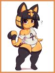  accessory animal_crossing ankh ankha_(animal_crossing) anthro artist_name black_clothing black_hair black_legwear black_thigh_highs blush breasts cat_tail cleavage clothed clothing domestic_cat egyptian felid feline felis female fur goth hair hair_accessory hi_res legwear looking_at_viewer mammal markings mostly_nude nauskills nintendo oversized_shirt panties pantsless purple_eyes shirt short_stack simple_background solo standing tail tail_markings thick_thighs thigh_highs topwear underwear white_background white_clothing white_panties white_shirt white_topwear white_underwear wide_hips yellow_body yellow_fur 