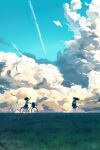  2girls bicycle blue_sky cloud cloudy_sky commentary_request cumulonimbus_cloud day grass highres long_hair multiple_girls original outdoors scenery school_uniform shirt shurock signature sky standing white_shirt wide_shot wind 