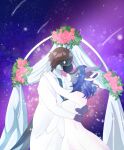  accipitrid accipitriform anthro avian bird blue_hair clothed clothing deer digital_media_(artwork) dress duo feathers female flower fur hair hi_res male male/male mammal pallid-panda plant simple_background sky smile star starry_sky tail wedding_dress 