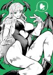  1girl :p absurdres animal_print bat_print blunt_bangs boots breasts bridal_gauntlets cleavage demon_girl demon_wings gloves green_background green_eyes greyscale greyscale_with_colored_background head_wings heart highres large_breasts long_hair looking_at_viewer monochrome morrigan_aensland print_pantyhose simple_background solo spoken_heart tongue tongue_out vampire_(game) wings yotsumi_shiro 
