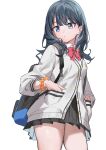  1girl absurdres bag black_hair black_skirt blue_eyes bow bowtie cardigan closed_mouth commentary_request gridman_universe haruyuki_(gffewuoutgblubh) highres medium_hair orange_scrunchie red_bow red_bowtie school_bag school_uniform scrunchie simple_background skirt solo ssss.gridman standing takarada_rikka thighs white_background white_cardigan wrist_scrunchie 