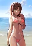  1girl arm_at_side ass_visible_through_thighs bare_arms beach bikini blurry blurry_background breasts brown_hair cleavage clenched_hand closed_mouth cloud collarbone contrapposto covered_nipples cowboy_shot day expressionless green_eyes hand_up highres large_breasts long_hair looking_to_the_side micro_bikini navel ocean original osanadaisuke outdoors parted_bangs red_bikini sidelighting skindentation sky solo standing string_bikini sunlight swept_bangs swimsuit underboob 