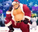  1boy bara bare_pectorals bear bell belly belt black-framed_eyewear blush boots box bulge christmas daisukebear fat fat_man feet_out_of_frame full_beard fur_trim gift gift_box glasses gloves grey_hair hat large_pectorals male_focus mature_male navel neck_bell nipples old old_man original paid_reward_available pectorals plump salute santa_claus santa_costume santa_hat short_hair sitting smile solo sparse_navel_hair spread_legs stomach thick_eyebrows thick_mustache thighs trait_connection two-finger_salute 