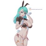  1girl absurdres animal_ears aqua_hair bangs blue_eyes breasts bulma dragon_ball dragon_ball_(classic) fake_animal_ears fake_tail gloves gumroad_username highres large_breasts long_hair looking_at_viewer melowh navel open_mouth panties parted_bangs rabbit_ears rabbit_tail short_sleeves side-tie_panties simple_background smile solo tail underwear white_background white_gloves white_panties 