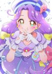  1girl absurdres bow bow_earrings brown_eyes capelet choker clothing_cutout cure_coral earrings facial_mark hair_bow hat heart heart_cutout heart_facial_mark heart_in_eye highres jewelry long_hair magical_girl moro_precure multi-tied_hair multiple_hair_bows pouch precure purple_capelet purple_choker purple_hair sailor_hat smile solo suzumura_sango symbol_in_eye tropical-rouge!_precure very_long_hair x_fingers yellow_bow 