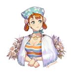  1girl annette_fantine_dominic artist_name bandana blue_eyes breasts capelet cleavage closed_mouth collarbone cropped_torso fire_emblem fire_emblem:_three_houses floral_print flower hair_flower hair_ornament lips looking_to_the_side looped_braids medium_breasts meziosaur orange_hair scoop_neck seashell shell shirt simple_background solo striped striped_shirt upper_body 