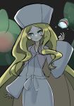  1girl blonde_hair caitlin_(pokemon) dress green_eyes hat highres long_hair long_sleeves looking_at_viewer parted_lips poke_ball pokemon pokemon_(creature) pokemon_(game) pokemon_bw reuniclus smile telekinesis veil very_long_hair white_light_(cegk4227) wide_sleeves 