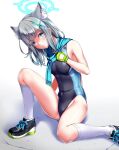  1girl animal_ear_fluff animal_ears bare_arms bare_shoulders black_one-piece_swimsuit blue_archive blue_eyes blush breasts competition_swimsuit cross cross_hair_ornament extra_ears gloves grey_hair hair_ornament halo highleg highleg_swimsuit highres inverted_cross kneehighs looking_at_viewer medium_breasts medium_hair mismatched_pupils multicolored_clothes multicolored_swimsuit one-piece_swimsuit scarf shiroko_(blue_archive) shiroko_(swimsuit)_(blue_archive) shoes simple_background small_breasts sneakers socks solo spread_legs swimsuit tsuchimiya two-tone_swimsuit white_background wolf_ears 