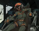  1girl battletech blair_parker_(wibber_rose) blue_eyes breasts brown_hair centurii-chan_(artist) clenched_teeth cockpit commission dark_skin dynamic_pose empty_eyes furrowed_brow glasses gloves hair_between_eyes headset helmet highres holster large_breasts pilot_suit pouch solo teeth 