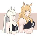  2girls ahoge animal_ear_fluff animal_ears arknights bare_shoulders black_sports_bra blonde_hair blush breast_envy breasts brown_eyes collarbone commentary_request crop_top grey_eyes highres horse_ears long_hair looking_at_another looking_at_viewer medium_breasts medium_support_(meme) meme midriff multiple_girls navel nearl_(arknights) platinum_(arknights) sidelocks smile sports_bra stomach supershrimpcakes very_long_hair white_hair 