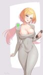 1girl absurdres aki_rosenthal bag blonde_hair blush bob_cut breasts cleavage cosplay covered_navel curvy detached_hair dongtan_lady_(k_pring) dongtan_lady_(k_pring)_(cosplay) dress grey_dress grey_sleeves handbag harry_(dudwofla) head_tilt highres hololive korean_commentary large_breasts long_dress looking_at_viewer low_twintails open_mouth parted_bangs purple_eyes short_hair shrug_(clothing) skindentation sleeves_past_wrists smile solo twintails virtual_youtuber white_background 