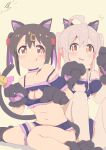  2girls :q ahoge animal_ear_fluff animal_ears animal_hands bare_legs bare_shoulders bell black_bra black_choker black_hair black_pantyhose bra breasts brown_eyes cat_cutout cat_ears cat_lingerie cat_tail choker cleavage_cutout clothing_cutout commentary cosplay frilled_bra frilled_choker frilled_panties frills gloves grey_hair hair_between_eyes hair_ornament hairclip highres jingle_bell kebakebasan light_blush medium_breasts meme_attire multiple_girls navel official_alternate_costume onii-chan_wa_oshimai! open_mouth oyama_mahiro oyama_mahiro_(cosplay) oyama_mihari panties pantyhose paw_gloves pink_hair purple_hair siblings simple_background sisters sitting smile stomach strap_slip tail tail_bell tail_ornament tongue tongue_out underwear wariza yellow_background 