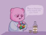  2023 4:3 anthro bear beverage biped black_nose clothing dialogue geny_ctm gordi_(unicorn_wars) hi_res mammal necktie pink_body pink_eyes rubik&#039;s_cube shirt solo spanish_text text topwear unicorn_wars 