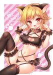  1girl :d alternate_costume animal_ears bell black_bra black_choker black_panties black_thighhighs black_wrist_cuffs blonde_hair blush border bow bowtie bra breasts cat_cutout cat_ears cat_lingerie cat_tail choker cleavage cleavage_cutout clothing_cutout commentary_request curvy fake_animal_ears fake_tail fang feet_out_of_frame frilled_choker frilled_cuffs frilled_straps frills hands_up happy heart highres jingle_bell kin-iro_loveriche knees_up kusiromunakata looking_at_viewer medium_breasts medium_hair meme_attire midriff navel neck_bell open_mouth panties parted_bangs paw_pose paw_print pink_background pink_bow pink_bowtie red_eyes simple_background sitting skindentation smile solo souma_ria stomach tail thigh_strap thighhighs thighs underwear white_border 