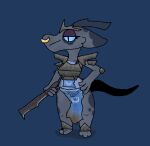  2020 anthro armor blue_clothing blue_ears blue_horn blue_sclera clothing eyelashes eyeshadow facial_piercing female grey_armor grey_clothing holding_object holding_sword holding_weapon horn kobold makeup markings melee_weapon multicolored_body multicolored_scales nose_piercing paws piercing scale_markings scales solo squablodecomplash sword two_tone_body two_tone_scales vex_(squablodecomplash) weapon 