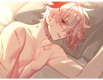  1boy bite_mark bite_mark_on_chest blush bruise cuts genshin_impact hickey highres injury jesse_(pixiv34586727) kaedehara_kazuha looking_at_viewer lying multicolored_hair on_bed one_eye_closed pillow red_eyes red_hair short_hair smirk solo teeth topless_male white_hair 