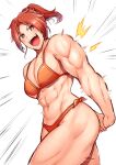  1girl abs bikini breasts flexing harurukan highres large_breasts looking_at_viewer midriff muscular muscular_female original ponytail red_eyes red_hair short_hair simple_background smile stomach swimsuit thick_thighs thighs triceps 
