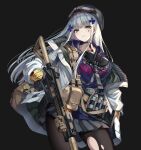  assault_rifle black_gloves black_headwear black_pantyhose cenangam girls&#039;_frontline_neural_cloud gloves green_eyes grey_hair grey_skirt gun h&amp;k_hk416 highres hk416_(girls&#039;_frontline) jacket multiple_hairpins pantyhose purple_shirt rifle shirt skirt weapon white_jacket 