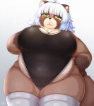  2023 :&lt; ahoge anthro belly big_breasts biped black_clothing black_swimwear blush breasts brown_body brown_ears brown_fur brown_inner_ear brown_nose brown_tail canid canine cleavage clothed clothing colored countershade_face countershade_fur countershade_torso countershading curvy_figure digital_media_(artwork) eyelashes female female_anthro fingers fluffy fluffy_tail front_view fully_clothed fur glistening glistening_body glistening_clothing glistening_eyes glistening_fur glistening_hair gloves_(marking) gradient_background green_eyes green_pupils hair hand_on_breast hand_on_hip hi_res huge_breasts humanoid_hands inner_ear_fluff kemono legwear looking_at_viewer mammal markings monotone_ears monotone_hair monotone_tail multi_tone_fur multicolored_body multicolored_fur navel_outline neck_tuft one-piece_swimsuit overweight overweight_anthro overweight_female portrait pupils raccoon_dog shaded shibaemonxsk short_hair simple_background skindentation solo standing swimwear tail tan_body tan_countershading tan_fur tanuki thick_thighs thigh_highs three-quarter_portrait tuft voluptuous white_clothing white_hair white_inner_ear_fluff white_legwear white_thigh_highs wide_hips 