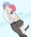  1boy 1girl arms_around_waist artist_name black_socks blue_background blush bob_cut bow bowtie breasts closed_eyes collared_shirt couple dated feet_out_of_frame grey_hair grey_pants grey_skirt hair_between_eyes hand_on_another&#039;s_chest hetero highres kiss krudears long_sleeves medium_breasts pants pink_hair pleated_skirt protagonist_(tokimemo_gs3) red_bow red_bowtie red_eyes school_uniform shirt shitara_seiji short_hair skirt socks sweater_vest tokimeki_memorial tokimeki_memorial_girl&#039;s_side_3rd_story twitter_username white_footwear white_shirt wide-eyed yellow_sweater_vest 