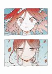  1other androgynous averting_eyes blue_background blush border bright_pupils cinnabar_(houseki_no_kuni) closed_mouth commentary falling_petals floating_hair gradient_background hair_between_eyes hair_bun high_collar highres houseki_no_kuni humanization light_frown liquid_metal long_hair mercury_(element) multiple_views open_mouth pale_skin petals portrait red_eyes red_hair shiro_(kuro_guu) single_hair_bun surprised sweatdrop tearing_up white_border white_pupils wide-eyed 