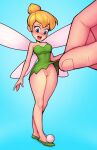  1boy 1girl bare_shoulders blonde_hair blue_background blue_eyes blush breasts cleavage clothes_lift dress dress_lift fairy fairy_wings gasp green_dress green_footwear highres large_breasts loodncrood open_mouth peter_pan_(disney) pussy simple_background size_difference slippers strapless strapless_dress teeth tinker_bell_(disney) updo upper_teeth_only wings 