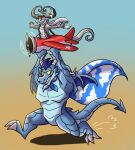  after_transformation anthro beezlejuice blue_body claws colored dragon duo gradient_background grey_body horn kobold male playing simple_background toy yellow_eyes 