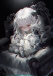  1girl absurdres black_bow bow chair child closed_eyes dress expressionless hair_bow highres holding holding_stuffed_toy on_chair original silk sitting solo spider_web stuffed_animal stuffed_toy teddy_bear tito_(osakanakana0_0) white_dress white_hair 