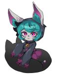  1girl absurdres animal_ear_fluff beseunaj-jamjaneun_gemdol-i black_hoodie closed_mouth ears_through_headwear frown green_hair highres hood hood_up hoodie league_of_legends pants pink_eyes pink_pants pointy_ears shoes short_hair simple_background toeless_footwear vex_(league_of_legends) vex_shadow_(league_of_legends) white_background yordle 