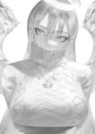  1girl angel angel_wings arms_behind_back colored_skin feathered_wings grey_eyes grey_hair halo jewelry long_hair mi8pq necklace original pointy_ears solo sweater turtleneck turtleneck_sweater white_skin white_sweater white_theme white_wings wings 