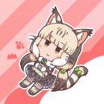  1girl animal_ears camouflage cat_ears cat_girl cat_tail extra_ears full_body green_eyes grey_hair jungle_cat_(kemono_friends) kemono_friends kemono_friends_v_project kneehighs looking_at_viewer microphone numazoko_namazu pink_background ribbon shirt shoes simple_background skirt socks solo tail twintails virtual_youtuber 