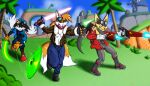  2016 absurd_res anthro bandai_namco boots bottomwear canid canine canis clothed clothing cloud crossover digital_media_(artwork) domestic_cat eyewear felid feline felis footwear fox goggles grass group guntz headgear headwear hi_res klonoa klonoa_(series) laser_sword male mammal miles_prower multi_tail open_mouth palm_tree pants plant sega shoes shrub sky sonic_the_hedgehog_(series) tail tree trio viroveteruscy weapon windmill wolf 