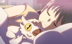  1girl :3 animal_ear_fluff animal_focus bed bedroom blanket bookshelf brown_hair cat closed_eyes colored_sclera commentary curled_up daijin_(suzume) eyelashes fang fingernails front_to_back green_eyes grin happy headpat indoors iwato_suzume looking_at_viewer lying on_bed on_side one_eye_closed open_mouth parted_lips petting shirt short_sleeves slit_pupils smile solo suzume_no_tojimari syope under_covers white_cat yellow_sclera yellow_shirt 