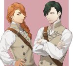  2boys black_hair braid closed_mouth ferdinand_von_aegir fire_emblem fire_emblem:_three_houses hair_over_one_eye hand_on_own_hip hubert_von_vestra isa_(peien516) long_hair long_sleeves looking_at_viewer male_focus military_uniform multiple_boys orange_eyes orange_hair parted_lips shirt simple_background single_braid two-tone_background uniform upper_body white_shirt yellow_eyes 