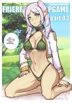  1girl alternate_breast_size bikini blue_sky breasts capelet closed_mouth day earrings elf english_text frieren green_bikini green_eyes grey_hair jewelry kneeling medium_breasts meme outdoors pointy_ears redjet skirt sky solo sousou_no_frieren speech_bubble swimsuit tree twintails underboob white_capelet white_skirt 