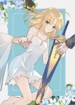  1girl 3others absurdres ahoge artoria_pendragon_(fate) barefoot blonde_hair border breasts commentary_request excalibur_(fate/stay_night) fate/stay_night fate_(series) flower green_eyes hair_down highres looking_at_viewer multiple_others nayu_tundora nightgown official_alternate_costume parted_lips saber solo weapon white_border 