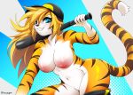  anthro baseball_bat baseball_cap bat_(object) big_breasts blonde_hair blue_eyes breasts clothed clothing felid female fur hair hat headgear headwear hi_res mammal moonfluffmf mostly_nude nipples nude pantherine smile solo stripes tiger yellow_body yellow_fur 