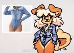  anthro bagelcollie bottomwear canid canine canis clothed clothing collie denim denim_clothing digital_media_(artwork) domestic_dog english_text female herding_dog mammal pastoral_dog sheepdog smile solo tail text 