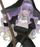  belt black_dress blonde_hair breasts cleavage close-up colored_inner_hair colored_tongue dress fang frost_fog gun habit hair_between_eyes heterochromia highres holding holding_gun holding_weapon long_hair long_sleeves mole mole_under_mouth multicolored_hair nun open_mouth original purple_hair purple_tongue rosary sidelocks simple_background sleeve_cuffs tearing_up two-tone_hair weapon white_background yellow_eyes 