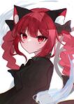  1girl absurdres animal_ears black_dress braid cat_ears cat_tail dress extra_ears highres juliet_sleeves kaenbyou_rin long_hair long_sleeves multiple_tails pointy_ears puffy_sleeves red_eyes red_hair shion_343 simple_background solo tail touhou twin_braids two_tails upper_body white_background 