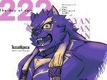  1boy :d animal_ears bara cat_day chest_hair cropped_torso flaming_eye forked_eyebrows furry furry_male happy highres jaguar_boy jaguar_ears jaguar_tail large_pectorals long_hair looking_at_viewer male_focus mature_male muscular muscular_male one_eye_covered pectorals purple_theme saro_(rotsw_00022) sharp_teeth slit_pupils smile solo tail teeth tezcatlipoca_(housamo) thick_eyebrows tokyo_afterschool_summoners 