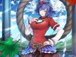  blue_hair blue_sky breasts hair_ornament highres leaf_hair_ornament long_sleeves looking_at_viewer medium_breasts medium_hair mirror mitama_mudimudi onbashira red_eyes rope shimenawa sky smile touhou yasaka_kanako 