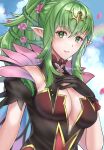  1girl black_gloves blue_sky breasts cleavage cloud fire_emblem fire_emblem_awakening fire_emblem_heroes flower gloves green_eyes green_hair hair_between_eyes hair_flower hair_ornament hair_vines highres long_hair looking_at_viewer maji_(majibomber) official_alternate_costume parted_lips plant pointy_ears ponytail sidelocks sky smile solo tiki_(adult)_(fire_emblem) tiki_(adult)_(resplendent)_(fire_emblem) tiki_(fire_emblem) twitter_username upper_body vines 