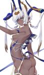  1girl aqua_hair ass blonde_hair choppy_bangs cropped_legs dark_skin detached_hair earrings facial_tattoo highres horns jewelry looking_at_viewer multicolored_hair no_panties original pasties short_hair sidelocks soha_(littlesummerpe) tail tattoo thigh_strap two-tone_hair white_background white_hair 