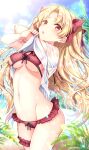  1girl bikini blonde_hair blurry blurry_foreground blush bow bow_bikini breasts cleavage clothes_lift crossed_arms day depth_of_field ereshkigal_(fate) fate/grand_order fate_(series) frilled_bikini frills hair_bow highres lifted_by_self long_hair looking_at_viewer medium_breasts nail_polish outdoors palm_tree parted_bangs parted_lips plaid plaid_bikini plaid_bow red_bikini red_bow red_eyes red_nails revision sakura_tsubame shirt shirt_lift short_sleeves solo swimsuit tree two_side_up undressing very_long_hair white_shirt 