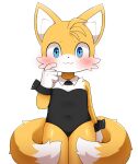  anthro blue_eyes blush clothed clothing hi_res looking_at_viewer male miles_prower sega simple_background smile solo sonic_the_hedgehog_(series) sum white_background white_body yellow_body 