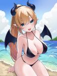  1girl :d absurdres bare_shoulders beach bikini black_bikini black_horns black_scrunchie black_wings blonde_hair blue_eyes blue_sky breasts cloud collarbone commentary day demon_girl demon_horns demon_wings hair_ornament hair_scrunchie halterneck high_ponytail highres hololive horns large_breasts light_blush long_hair looking_at_viewer mountain navel ocean open_mouth outdoors pointy_ears scrunchie shore sitting sky smile solo stomach swept_bangs swimsuit tororo_tengoku_(tororonn) virtual_youtuber wings yuzuki_choco 